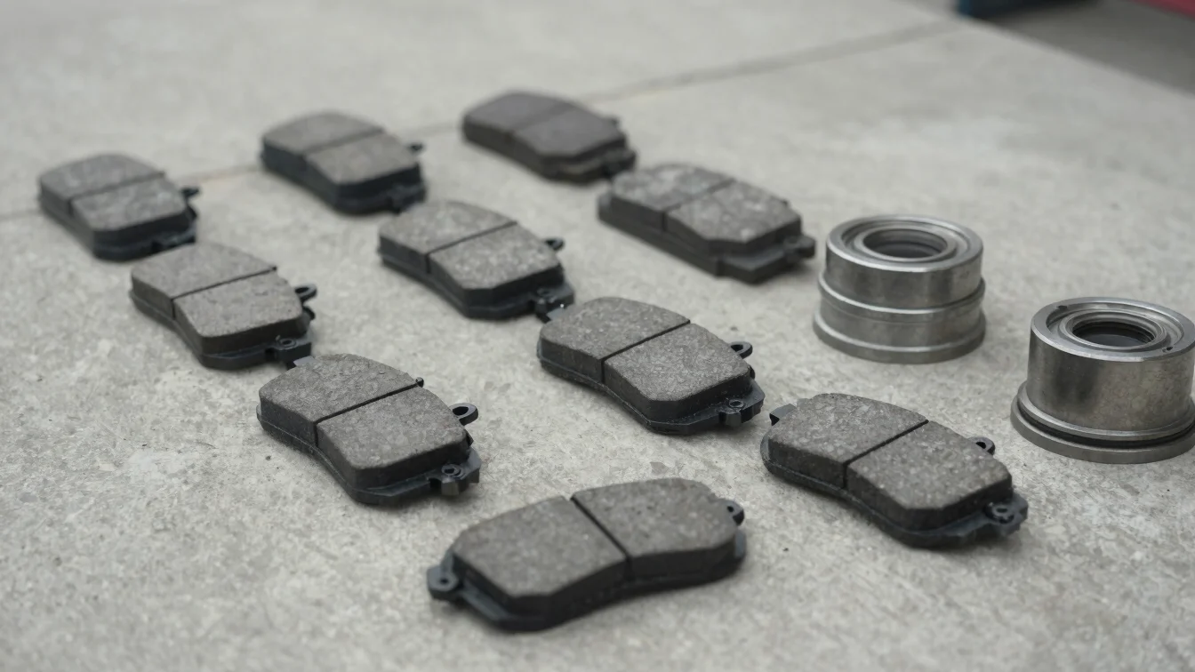 Close-up of truck wear parts such as brake pads and filters arranged on a clean concrete surface, soft natural daylight,