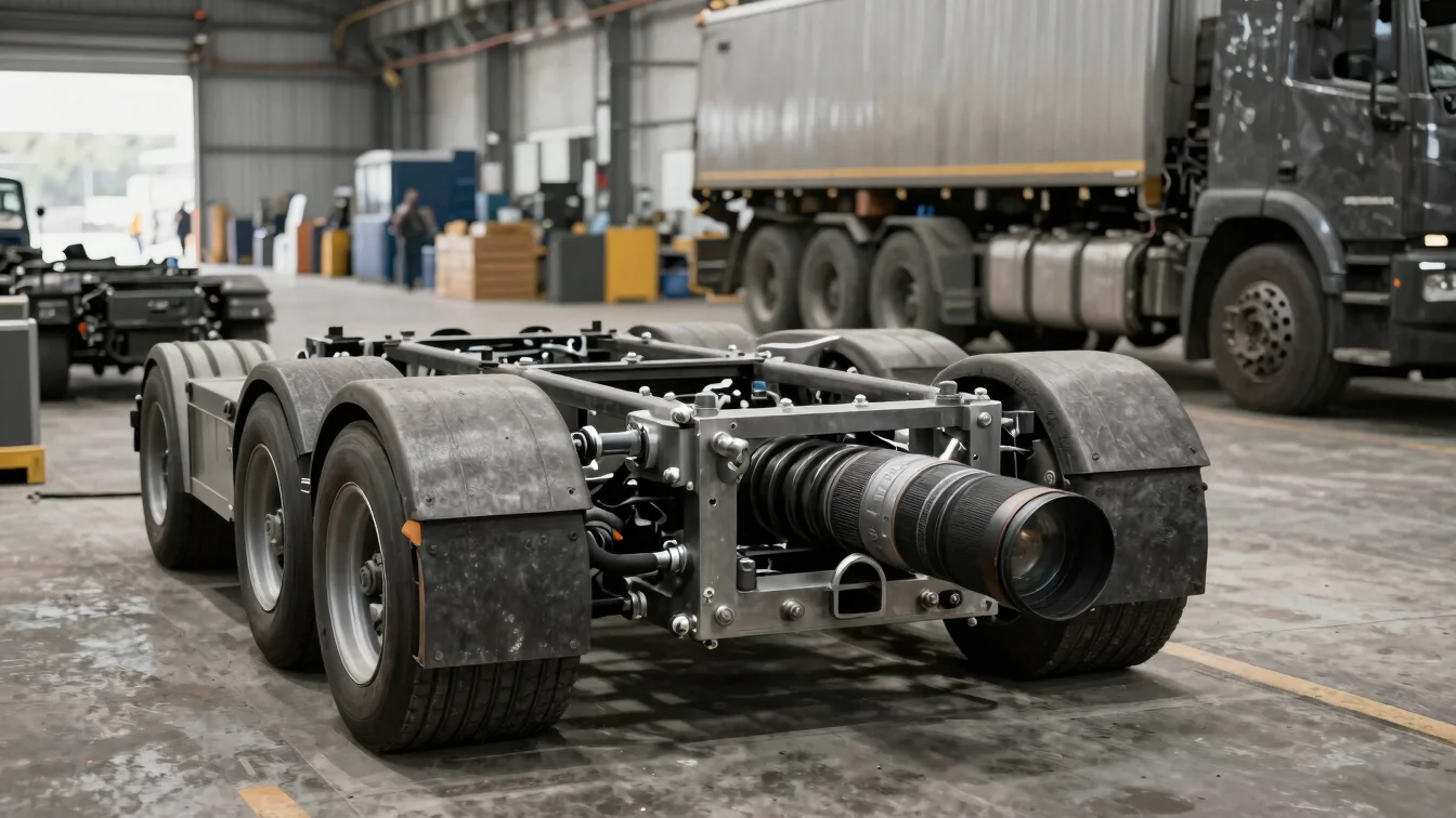 Truck chassis suspension components in a warehouse aisle, soft diffused daylight, muted concrete and steel tones, indust