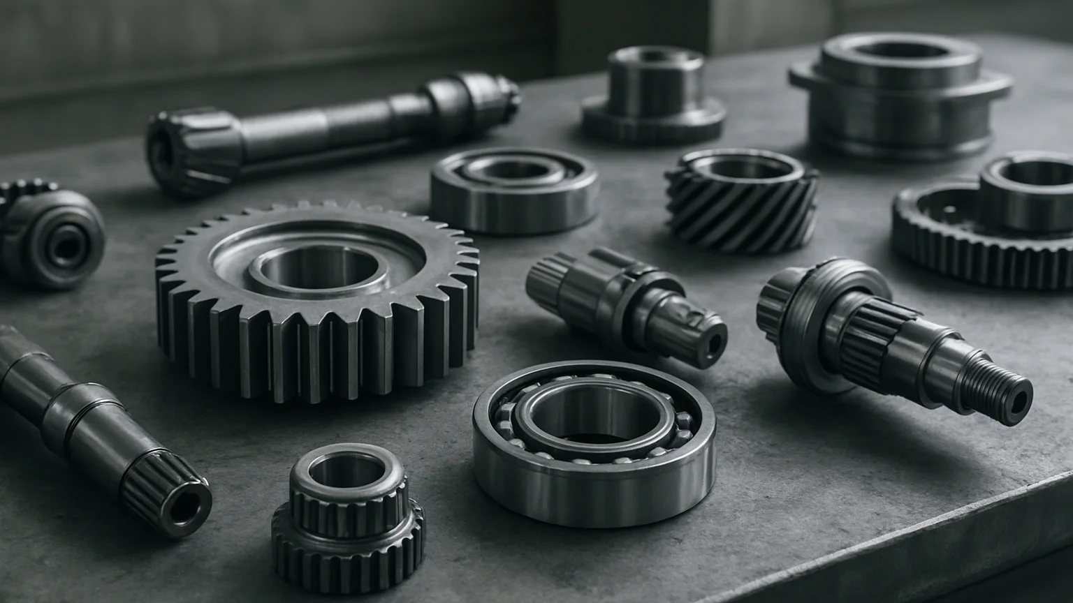 Machined gear and drivetrain components on an inspection table, crisp component detail, soft daylight, steel gray indust