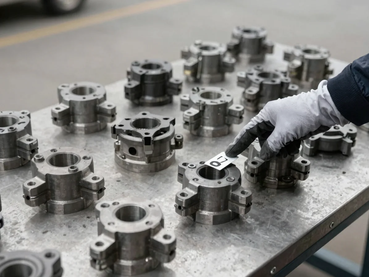 close-up of machined truck brake components arranged on a steel inspection table, a gloved hand pointing to a part numbe